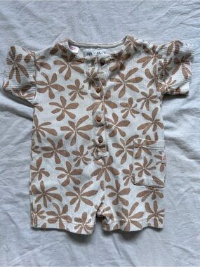 Zara Baby Floral Button Romper in Cream and Tan